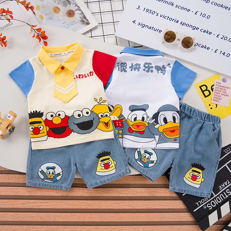 Boys Summer Suit New Style Kidsren's Style Summer Polo Shirt Cartoon Short-Sleeved Infant Two-Piece Suit Trendy