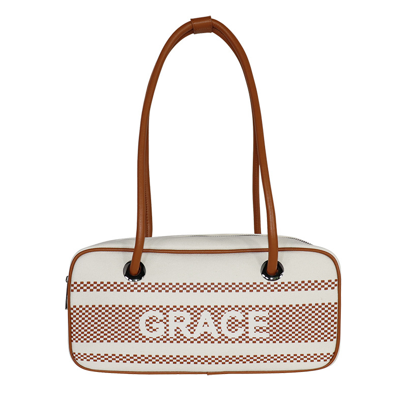 Custom Letter Embroidered Crescent Bag Niche Baguette Underarm Bag For Women Canvas And Leather Shoulder Bag Luxury Dumpling Bag - Thumbnail 4
