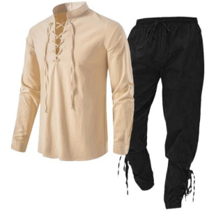 2025 Men's New Long-Sleeved European Size Cotton and Linen Henley Shirt Casual Versatile Beach Solid Color Two-Piece Set in Stock