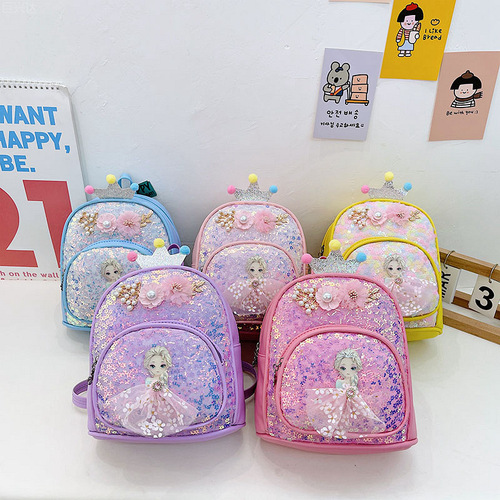 Kindergarten children's backpack mini pu princess sequined shoulder backpack children's accessories bag cartoon school bag wholesale