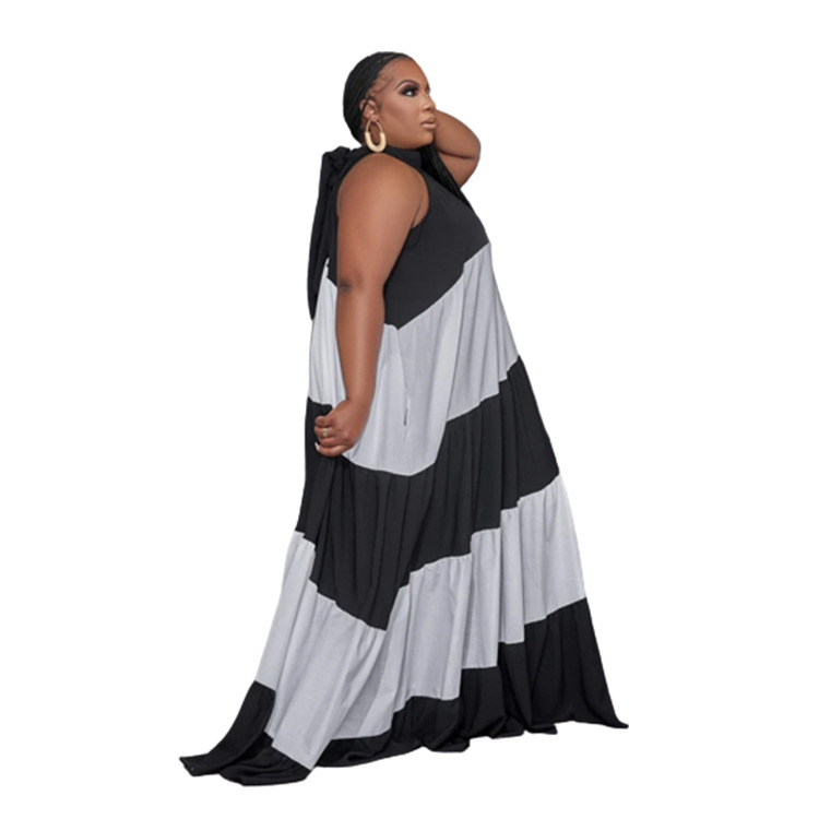 Women's plus-size splicing color contrast long swing dress_voghion.com