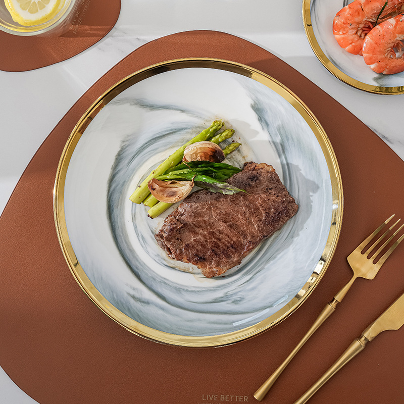 Nórdico creativo borde dorado cerámica marmolado placa Occidental Placa de pasta hogar Placa de filete Placa de postre Placa de oscilación