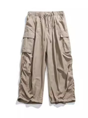 Vintage American style cropped hip-hop khaki work pants, baggy, loose, trendy, over-the-knee paratrooper pants