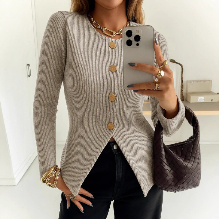 2025 Autumn New Aliexpress Amazon European Size Round Neck Long Sleeve Single Breasted Slim Fit Versatile Top 2025 Autumn New Aliexpress Amazon European Size Round Neck Long Sleeve Single Breasted Slim Fit Versatile Top
