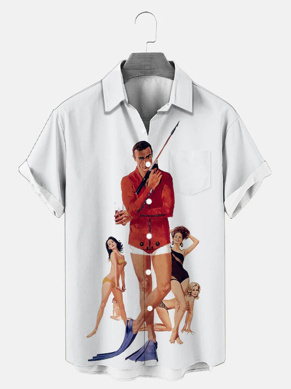 Independent Station New Cross-Border Men's Movie Figure Print Lassel Wrangler Fashion Hawaiian Casual Short Shirt