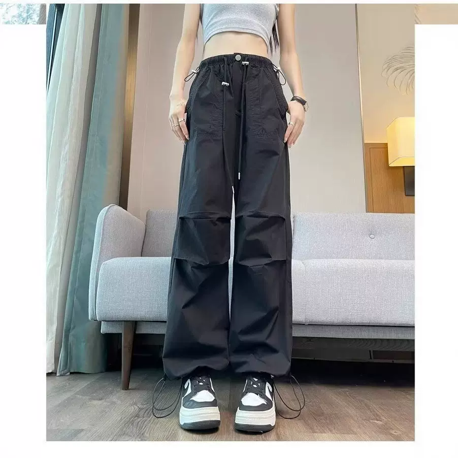 美式粉色速干工装裤女秋夏季薄款高腰显瘦百搭宽松束脚休闲裤ins