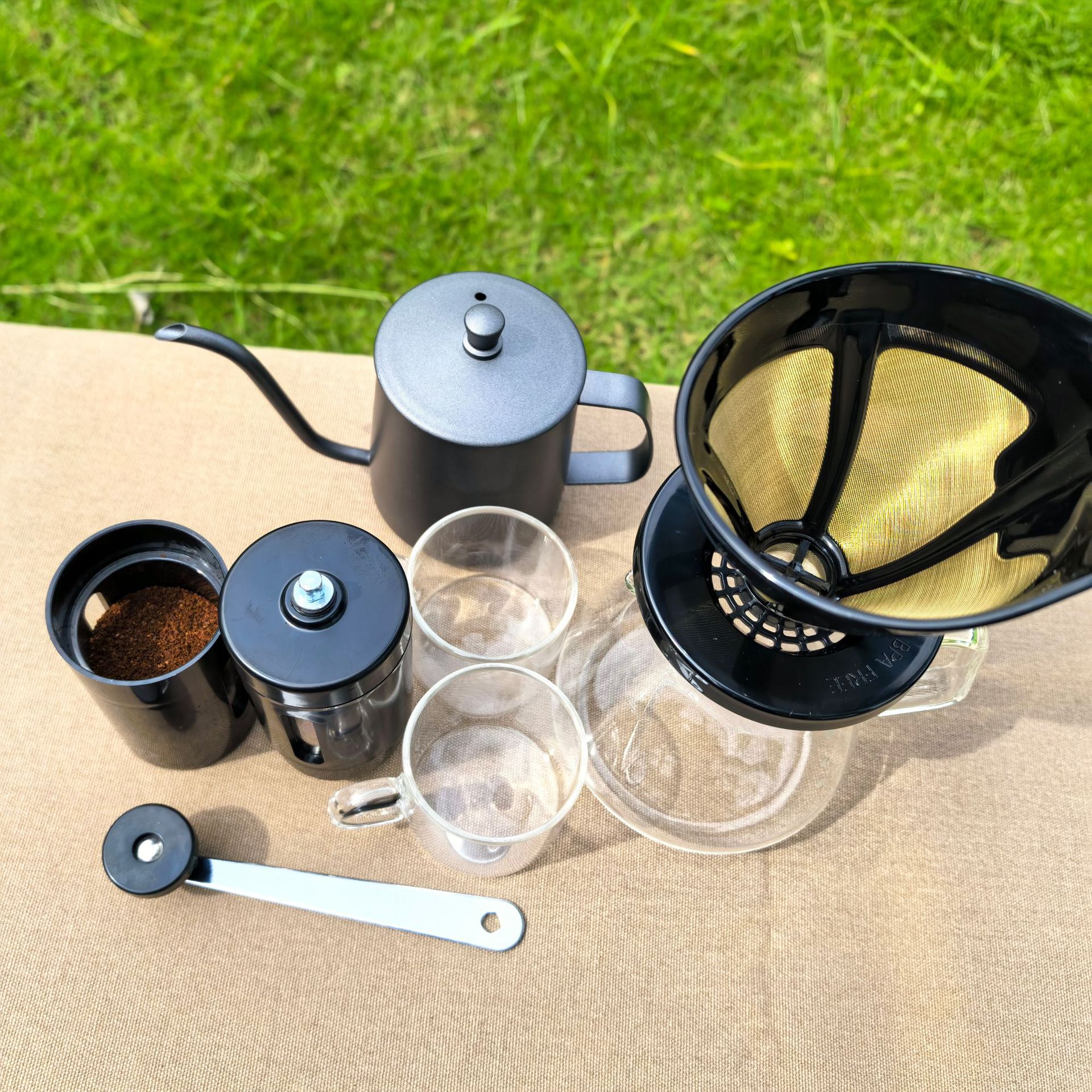 Caja de regalo de café de lavado a mano, molino de frijoles de mano, tazas de vidrio de alto silicio de silicio, malla de acero de metal, viajes al aire libre portátiles