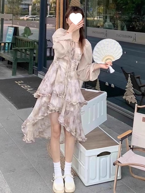 纯欲风超仙清冷系绝美水墨晕染吊带连衣裙女气质海边度假裙两件套|undefined