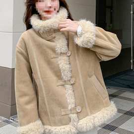 卡其色翻领皮毛一体羊羔毛外套女冬新款感温柔风气质棉服