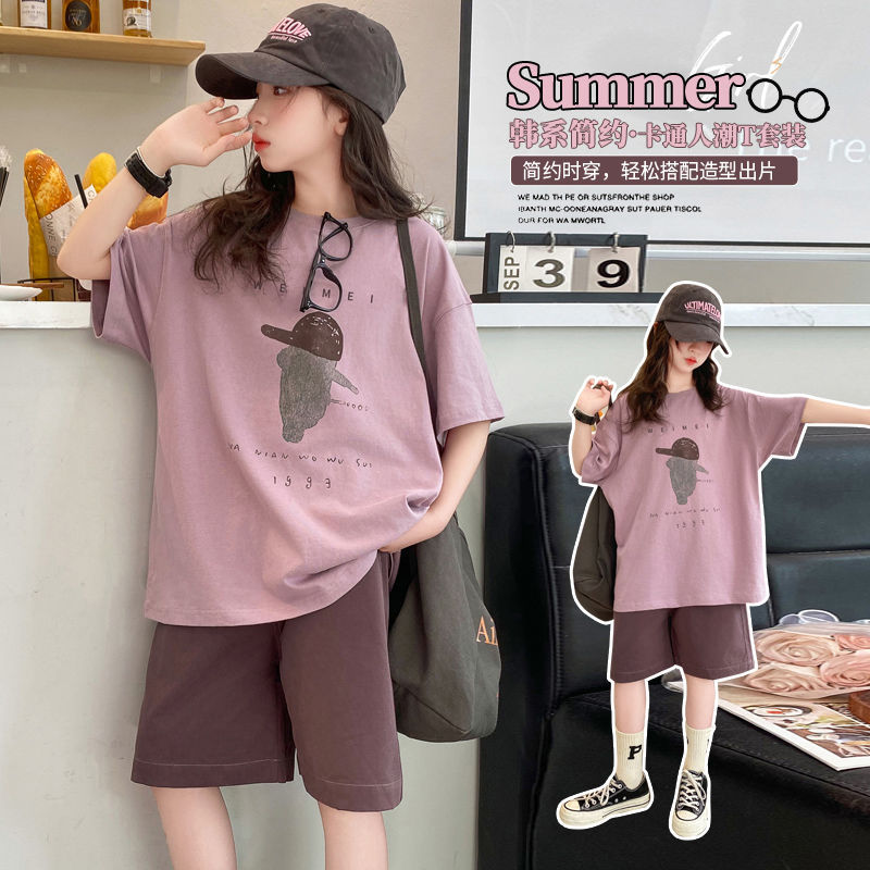 Summer two-piece set for older children, stylish new casual Mori-style cartoon short-sleeved shorts set for girls.