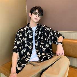 2024夏装男士碎花烫金小西装半短袖个性外套ins潮流休闲薄款衬衫