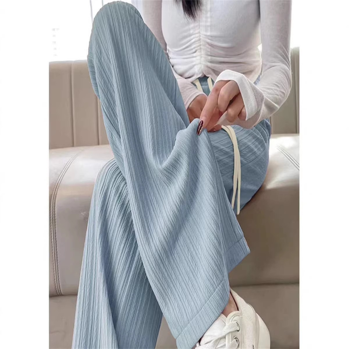 Summer Seven-Color Cloud Pants for Women, High-Waisted, Slimming, Narrow Straight-Leg Ice Silk Wide-Leg Pants with Drape Effect, Floor-Length Pants That Make Legs Look Longer