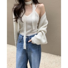 现货尺码更新韩国chic春季新款法式V领吊带衫+针织开衫套装