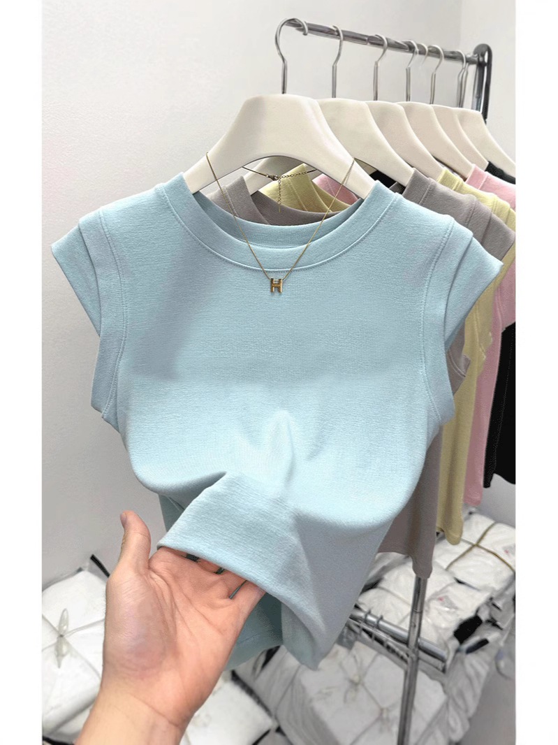 2026年夏新作、小飛袖ラウンドネックタイトフィット半袖Tシャツ、女性用スリムフィットショート丈シンプルエレガントデイリートップス