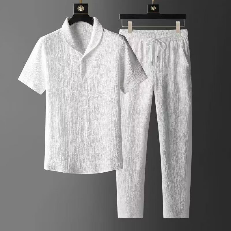 Fuente de fábrica de viento de verano para hombres de color sólido para hombres pliegue dos piezas de cuello vertical pantalones de manga corta para hombres