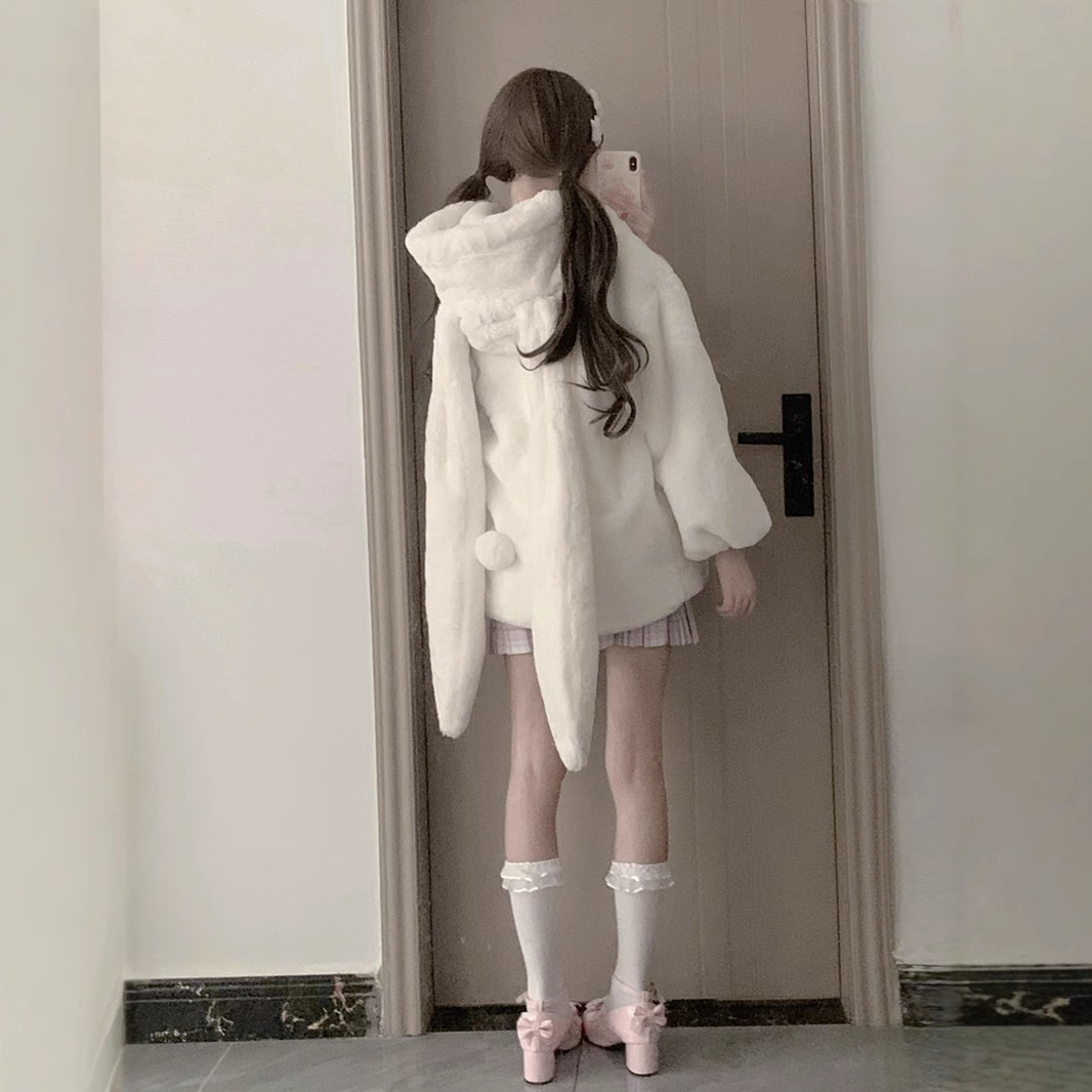 软fufu的兔子耳朵毛绒外套女2025秋冬季加绒加厚日系学院可爱棉服