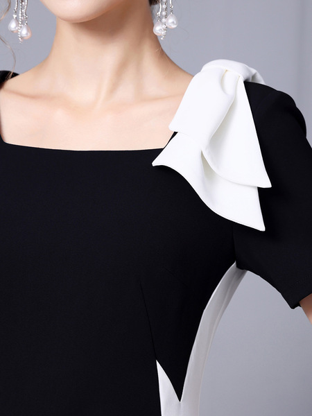 Black and white color block square collar exposed collarbone acetic acid wrapped hip skirt 2024 summer
