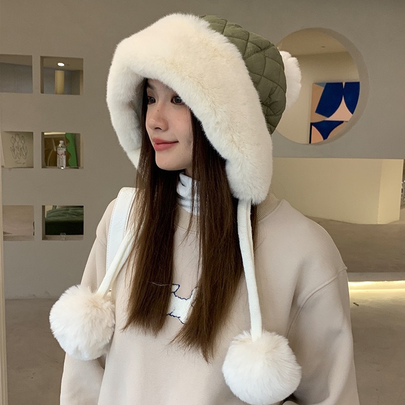 帽子女2025新款冬季羽绒棉毛球防风防寒保暖帽骑行护耳毛绒雷锋帽|undefined