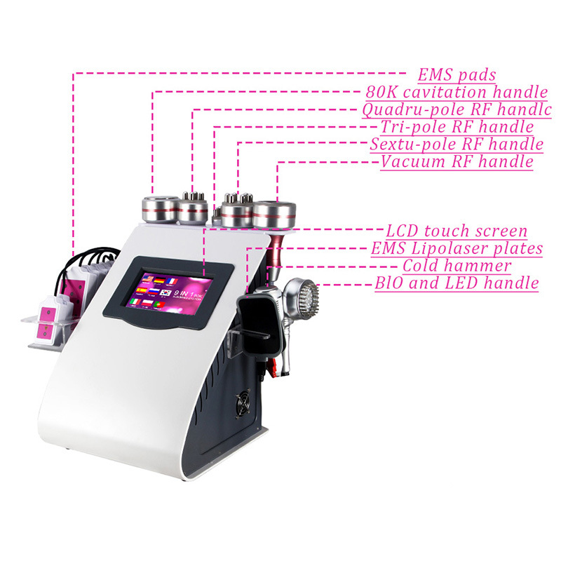 Instrumento de fisioterapia transfronterizo nueve en uno 80K moldeador multietapa RF elevador de alta caja láser delgado instrumento de cuerpo láser