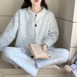 爆款秋冬季新款半边绒睡衣女甜美清新加绒加厚长袖开衫家居服套装