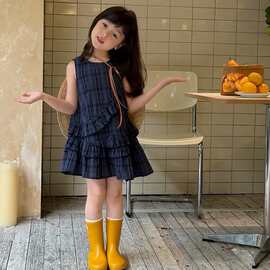 女童连衣裙夏季2025新款洋气儿童不规则格子背心裙女孩夏装公主裙