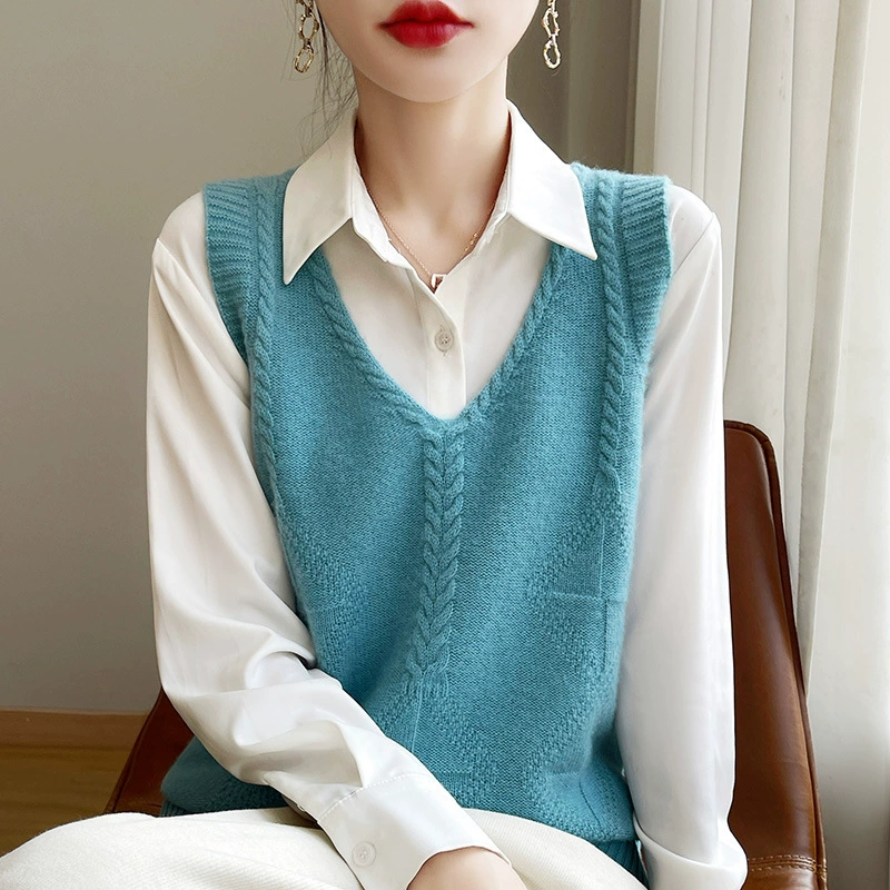 Женский V-образный жаккардовый трикотажный жилет 2025 плечо оптовая продажа свитер женская осенняя внешняя торговля жилет новый