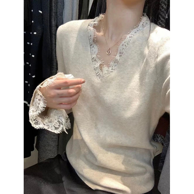 Kaning Lace V-Neck Long-Sleeved Knitwear Base Layer 2026 Autumn and Winter New Style Inner Layer Base Layer Sweater Top