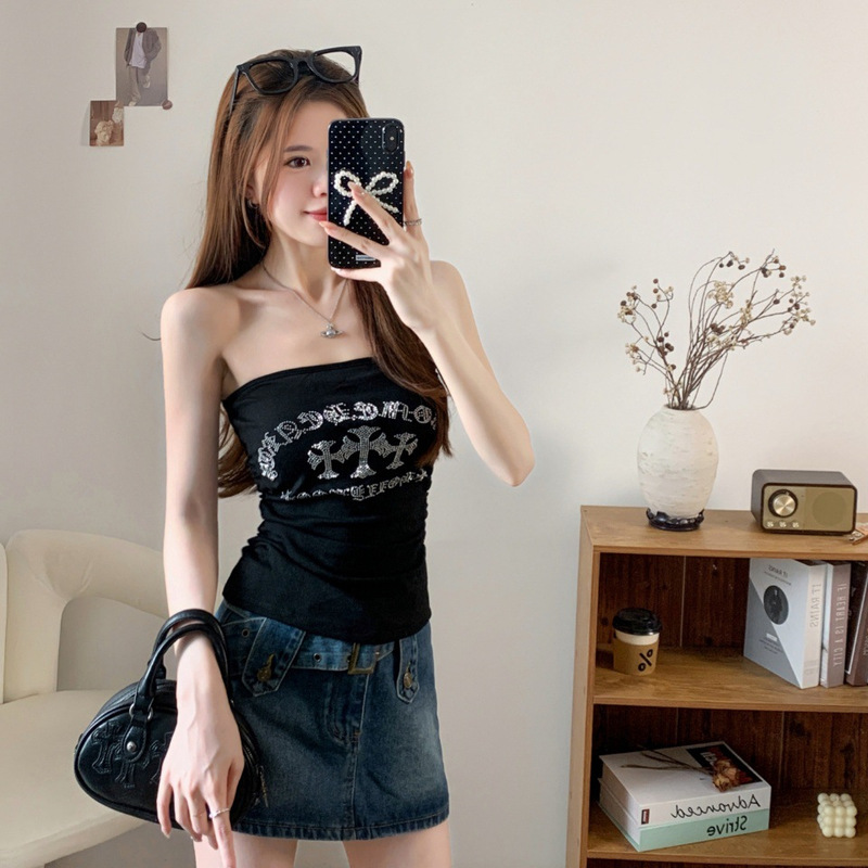 2910 # Summer New Style Lettered Rhinestone Tube Top Slim Fit Women's Short Top with Built-In Chest Pads Versatile Top