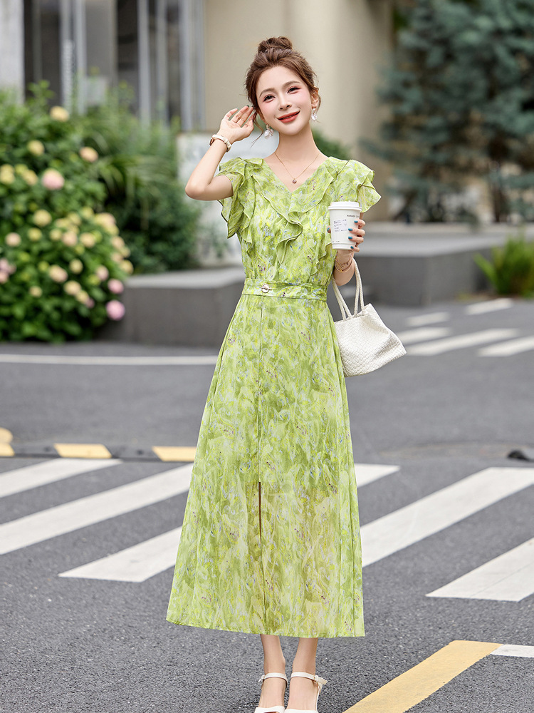 Đầm maxi nữ thắt eo cổ V in họa tiết hoa dáng dài — Hoa xanh lá cây, Hoa xám