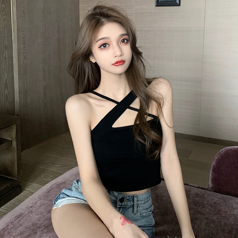 2022 new style halter top women outer wear base layer slim fit short female sports sexy crisscross tiny tank top