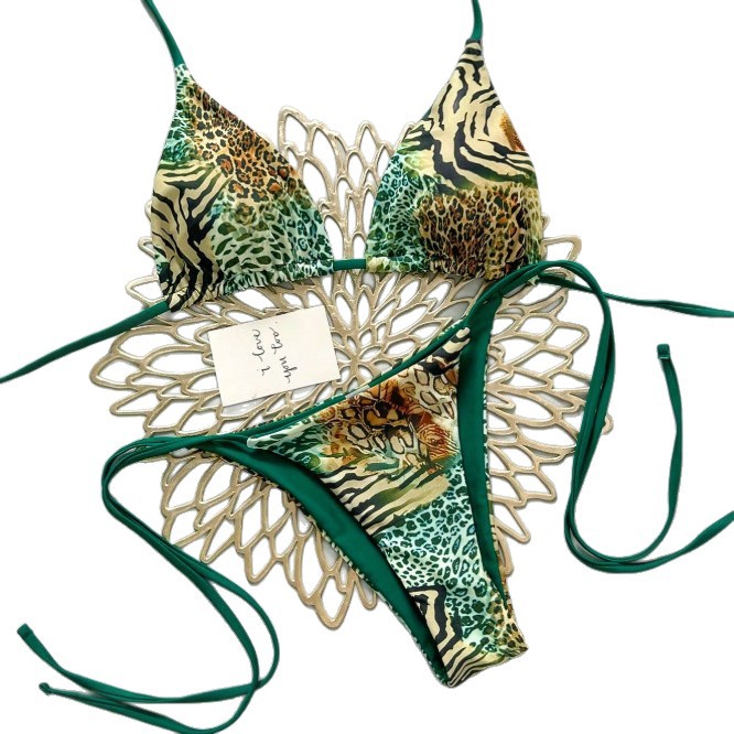 Women's Sexy Leopard Print Bikini Swimsuit Three Piece Tight Fit Halter Neck Two Piece Swimwear_ecoleips.com