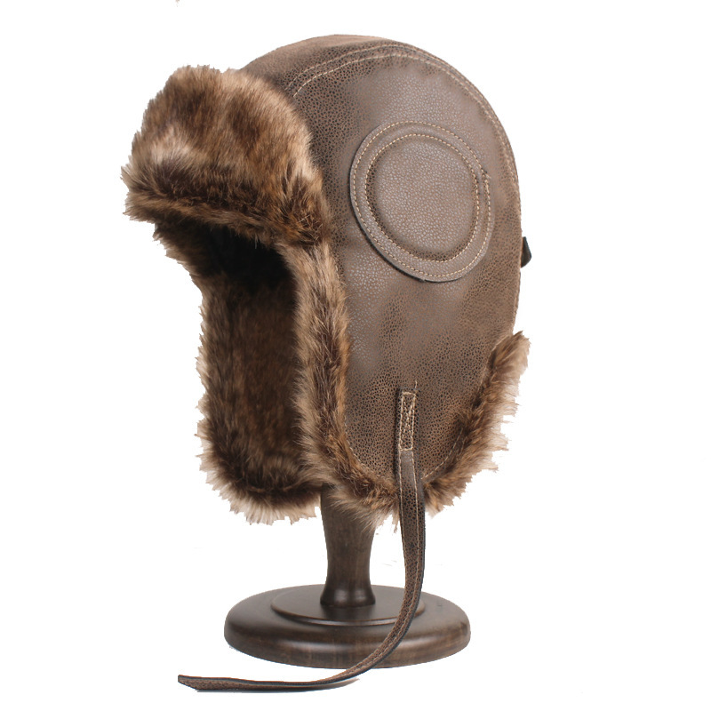 Leather Thickened Lei Feng Hat Men's Winter Warm Ear Protection Pilot Hat Amazon Foreign Trade Snow Hat