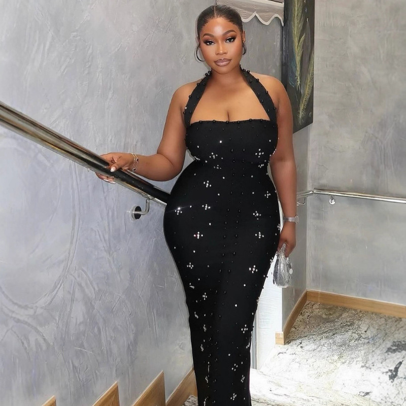 In-Stock European and American High-End Women's Clothing, Luxurious Halter Neck Bodycon Bandage Evening Dress, Elegant and Sexy Custom Rhinestone Dress