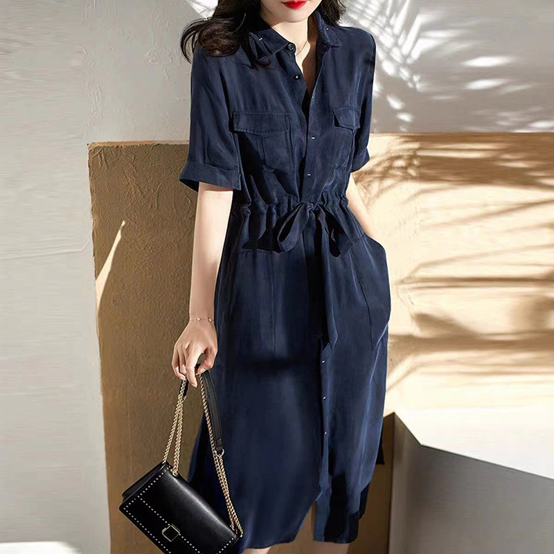 2026 Summer New Solid Color Lapel Short-Sleeve Dress with Single-Breasted Buttons, Elegant and Slim-Fit Mid-Length Dress for Women