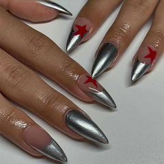 穿戴甲片法式金屬銀邊紅色星星穿戴甲 歐美指甲貼片批發美甲貼片