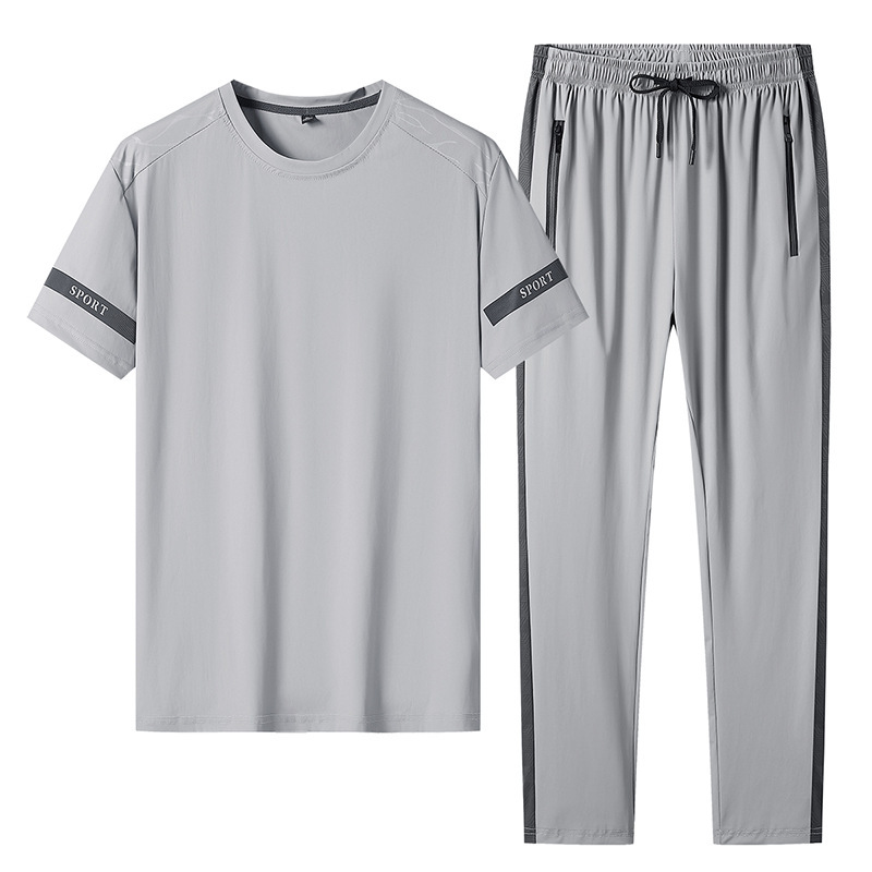 Summer Ice Silk Patchwork Casual Suit Men's Two-Piece Sports Suit, Elastic Breathable Short-Sleeve T-Shirt, Thin Long Pants