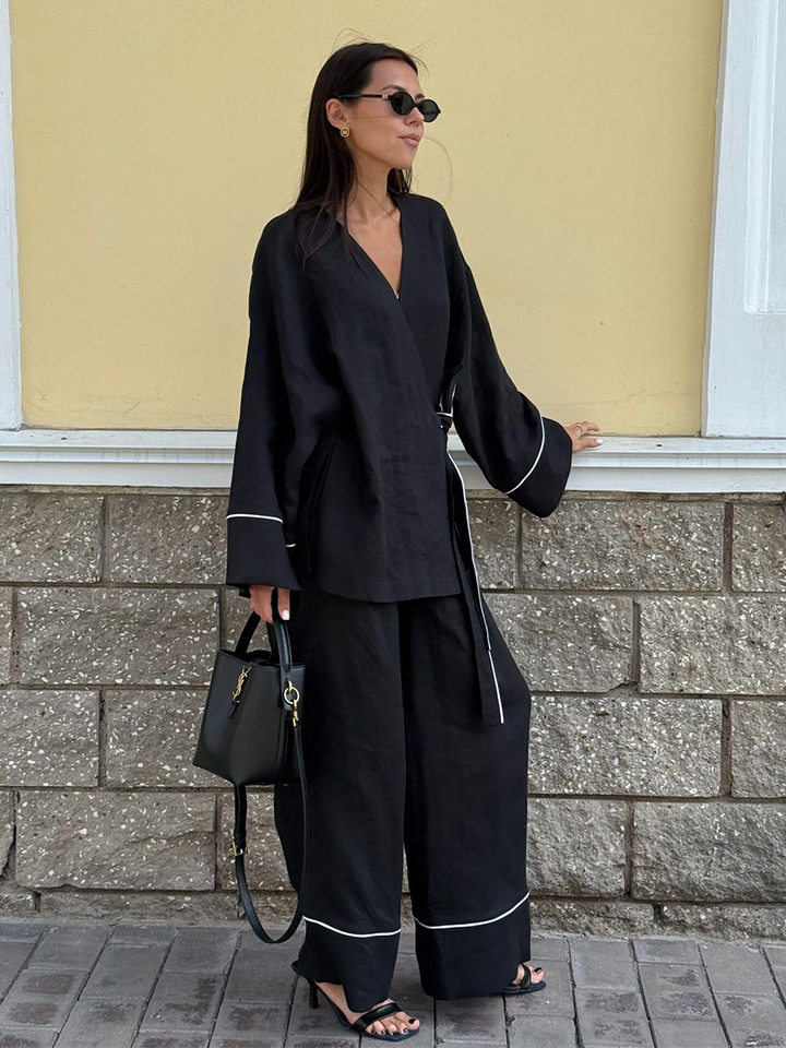Bộ đầm hai món nữ áo cardigan cổ chữ V dài tay phối quần ống rộng — Màu be, Xanh lá cây, màu đen