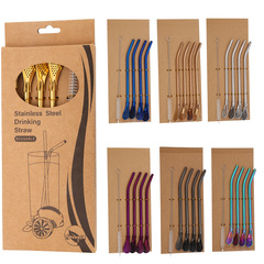 Cross-border Amazon best-selling 304 stainless steel straw spoon set titanium-plated colorful creative beverage filter straws