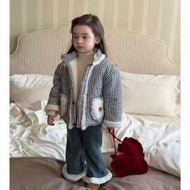 女童棉服冬季新款儿童冬装洋气女孩夹棉格子爱心格子棉衣女宝外套