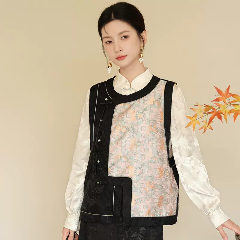 2024秋冬新款新中式马甲衬衣套装百搭提花女士上衣禅意茶汉服唐装