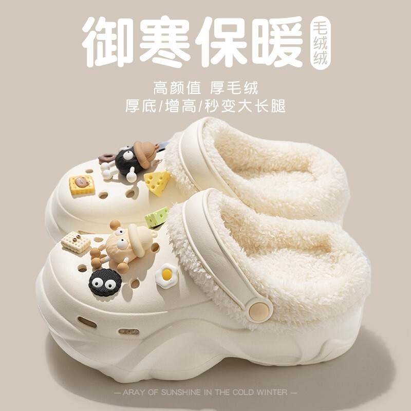 Fleece-Lined Clogs for Women, Winter 2025 New Style, Closed-Toe, Warm, Outdoor Wear, Non-Slip, Thick-Soled, Height-Increasing, Plush Cotton Slippers