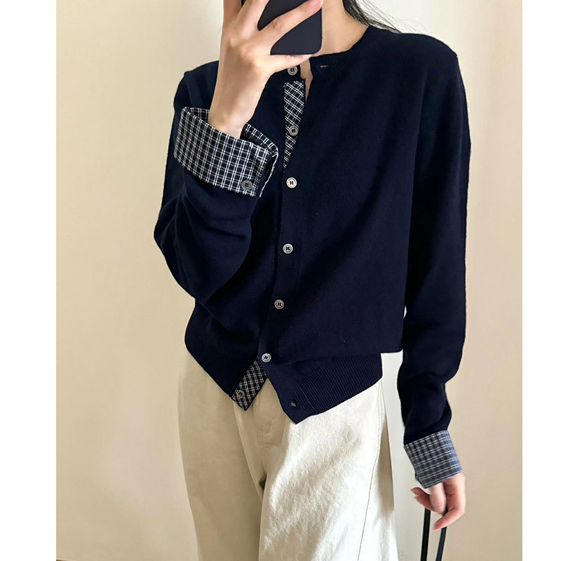 小众长袖格纹撞色拼接假两件设计针织开衫2025秋冬休闲外搭上衣