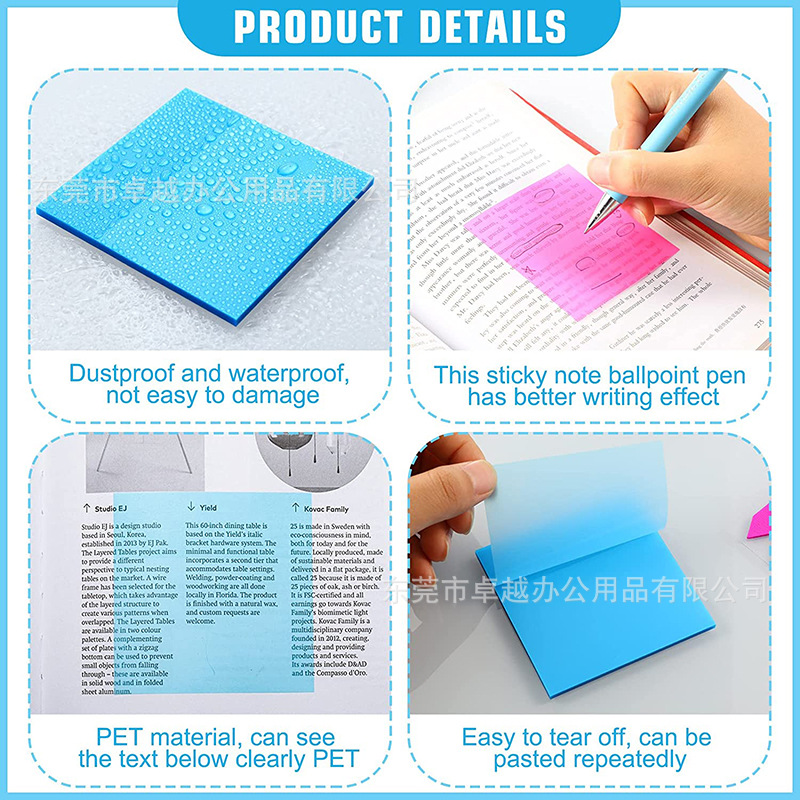 Bloc de notas colorido fluorescente para mascotas, fuerte viscosidad, impermeable, transparente, nota adhesiva, ladrillo adhesivo de índice de alto valor para estudiantes