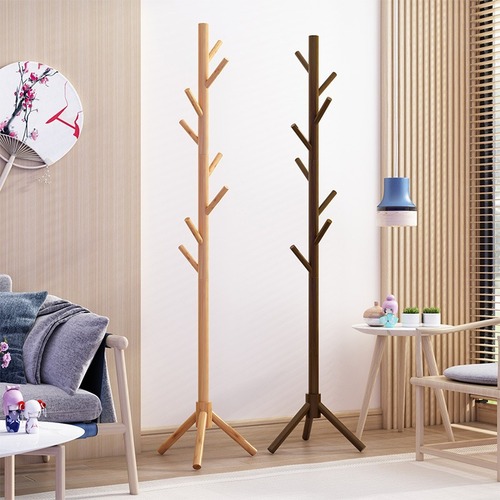 Solid wood coat rack, home bedroom floor-standing storage rack, living room hanging clothes rack, single-pole vertical simple bag rack
