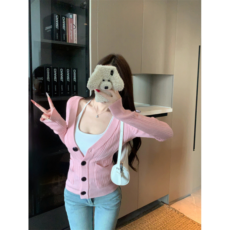 Autumn New Korean Style Trendy Vertical Pattern Knit Collar Vintage Button Double Pocket Slim Fit Knit Cardigan Women's Top