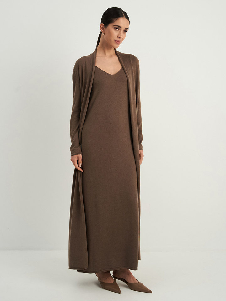 Bộ đầm dài kèm áo cardigan dệt kim dài tay nữ — Màu cà phê đậm, Màu hồng, Màu trắng, Màu xám chi tiết 134