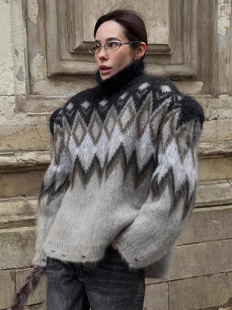 Temperamento de moda, estilo relajado, suéter de cuello alto en forma de diamante, otoño y invierno de 2025, nuevo estilo europeo y americano transfronterizo