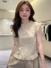 欧货圆领花边小飞袖波点衬衫女2025新款爆款夏季洋气独特别致上衣
