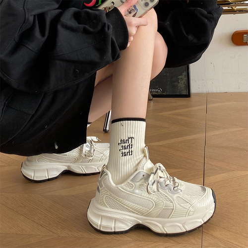 High-end thick-soled dad shoes for women  new spring and autumn women's shoes versatile retro black sneakers