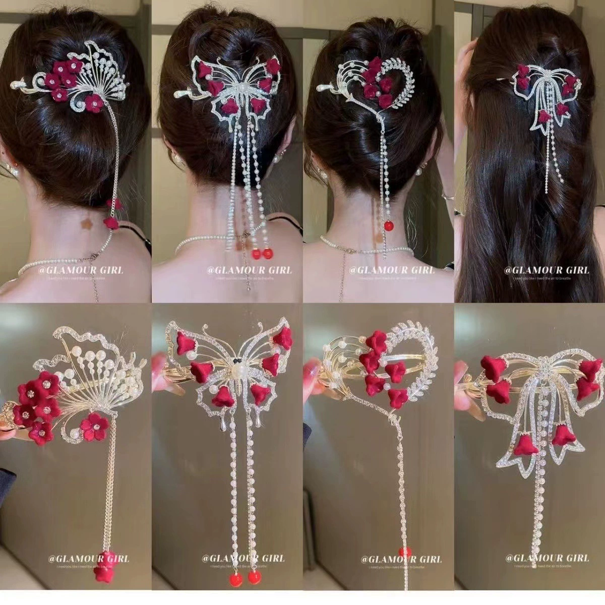 Заколка для волос (Pilsan) Orchid Tassel свадебный аксессуар для волос, металл и стрази, красный цветок